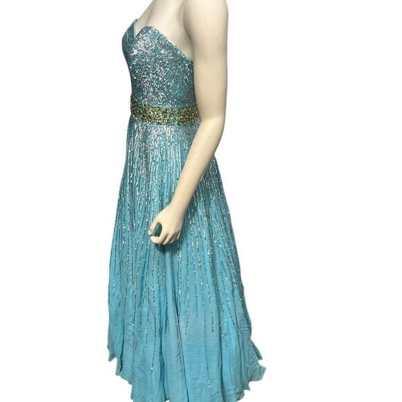 Sherri Hill 100% Silk Light Blue Gown with Sequins Strapless Prom Dress Size 8 - Picture 7 of 15
